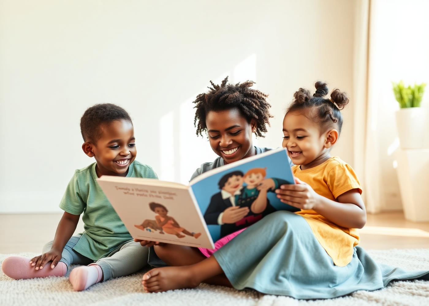 Mother reading with two children in a bright safe space