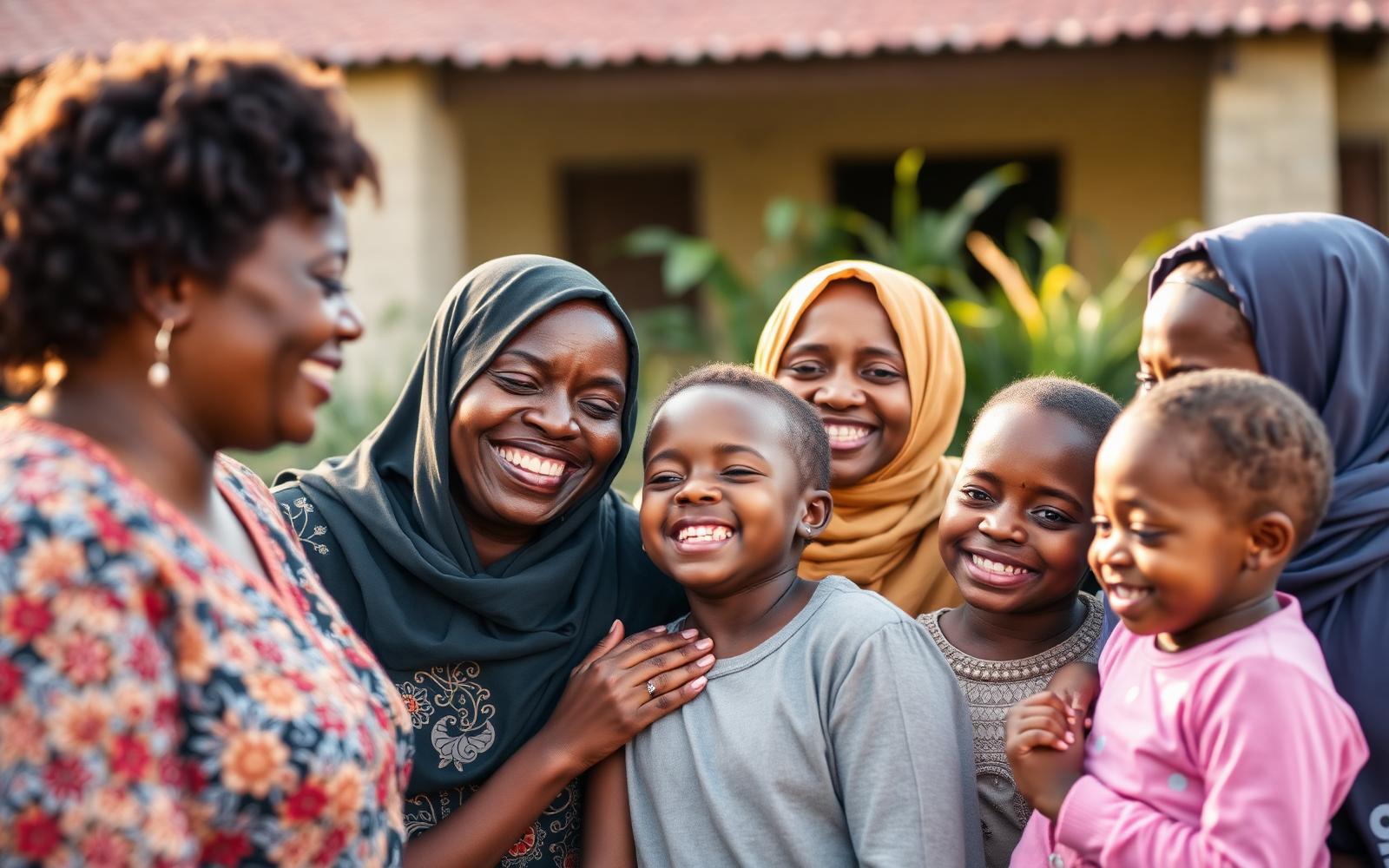 Women and children smiling together at a community support centre