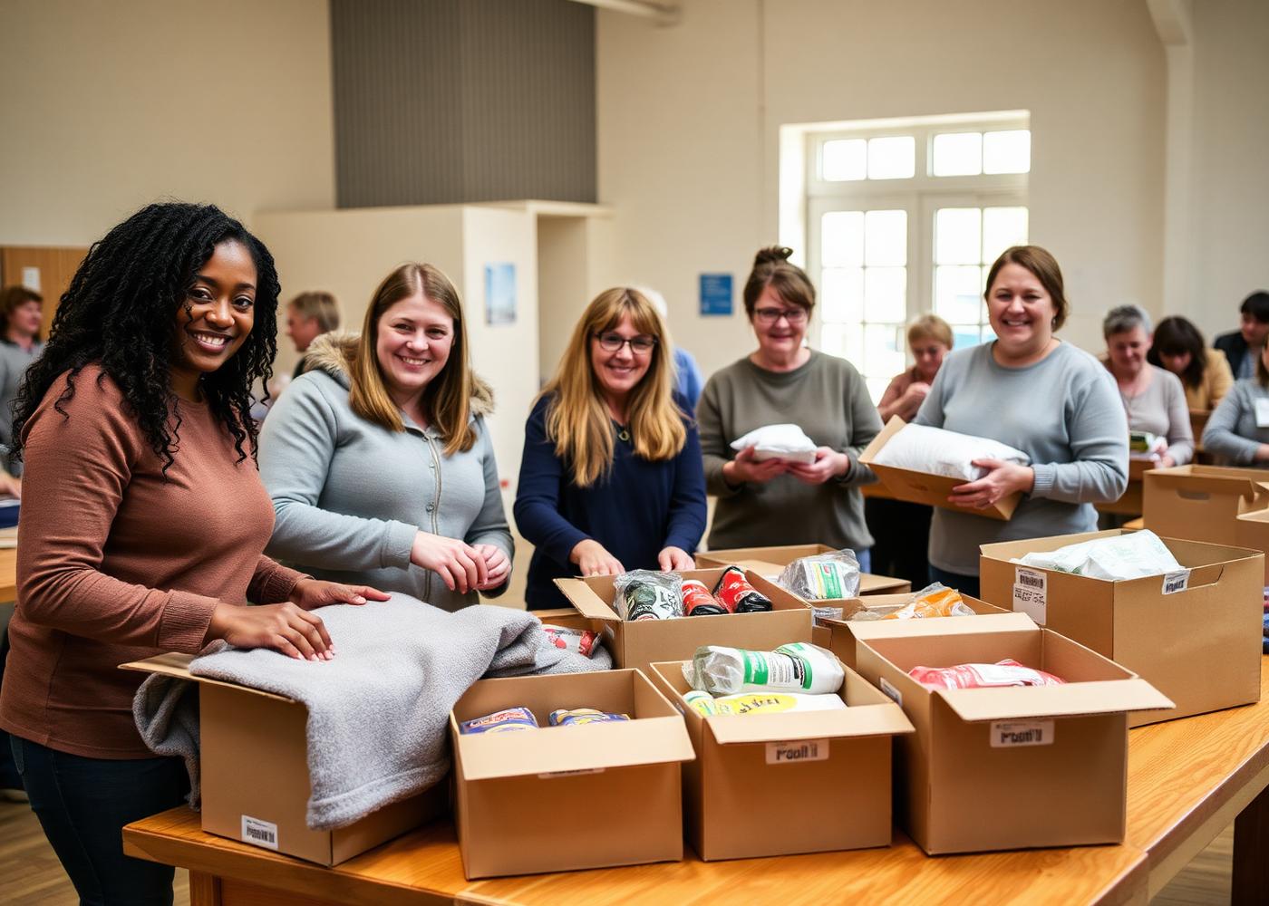 Volunteers packing donation boxes at the community centre